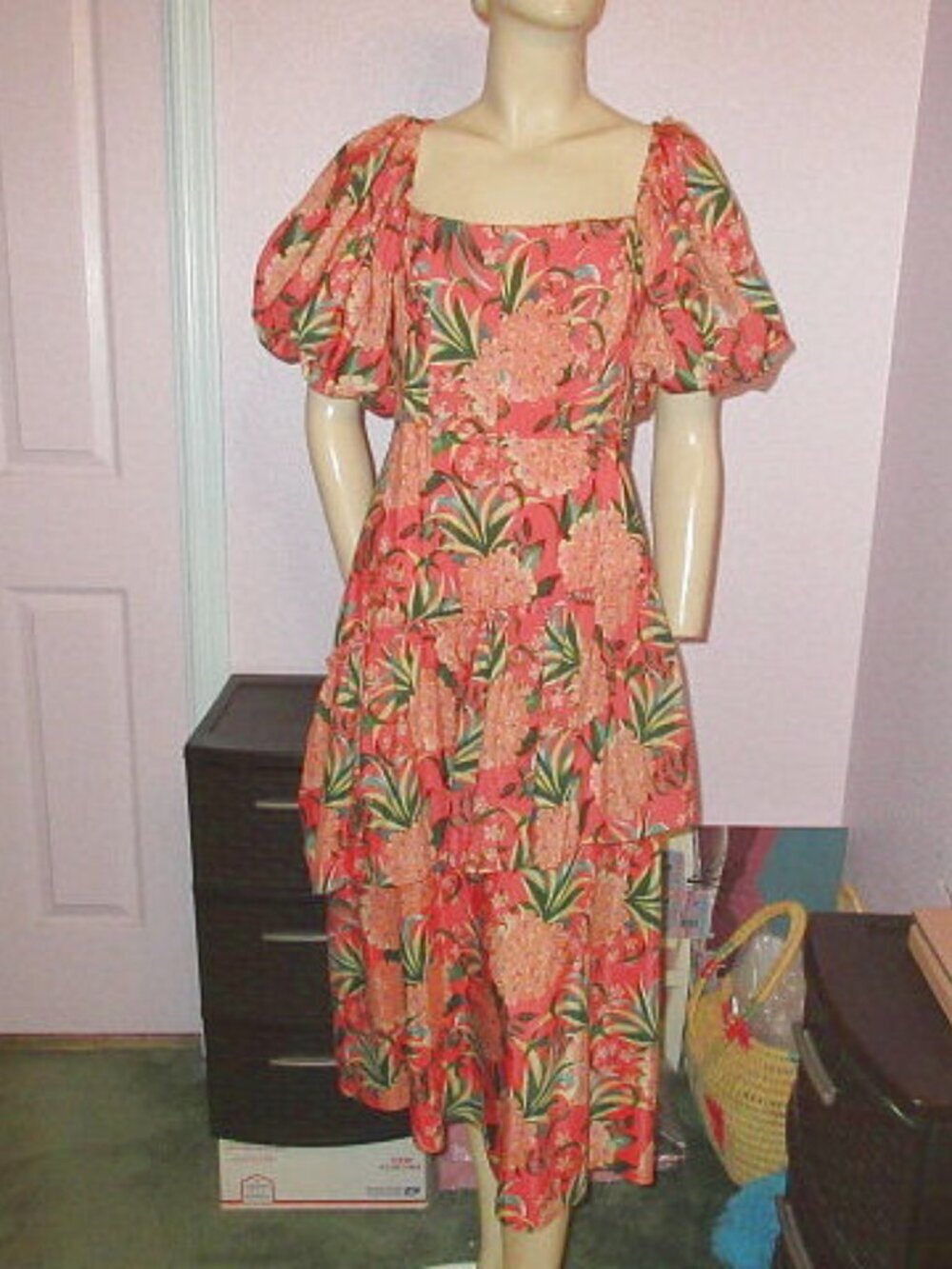 Farm Rio Pineapple Bloom Dress Size L Midi Tiered Boned Puff Floral Tropical